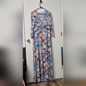 Pinkblush Dusty Blue Maxi Dress with Pink and Cream Floral Print